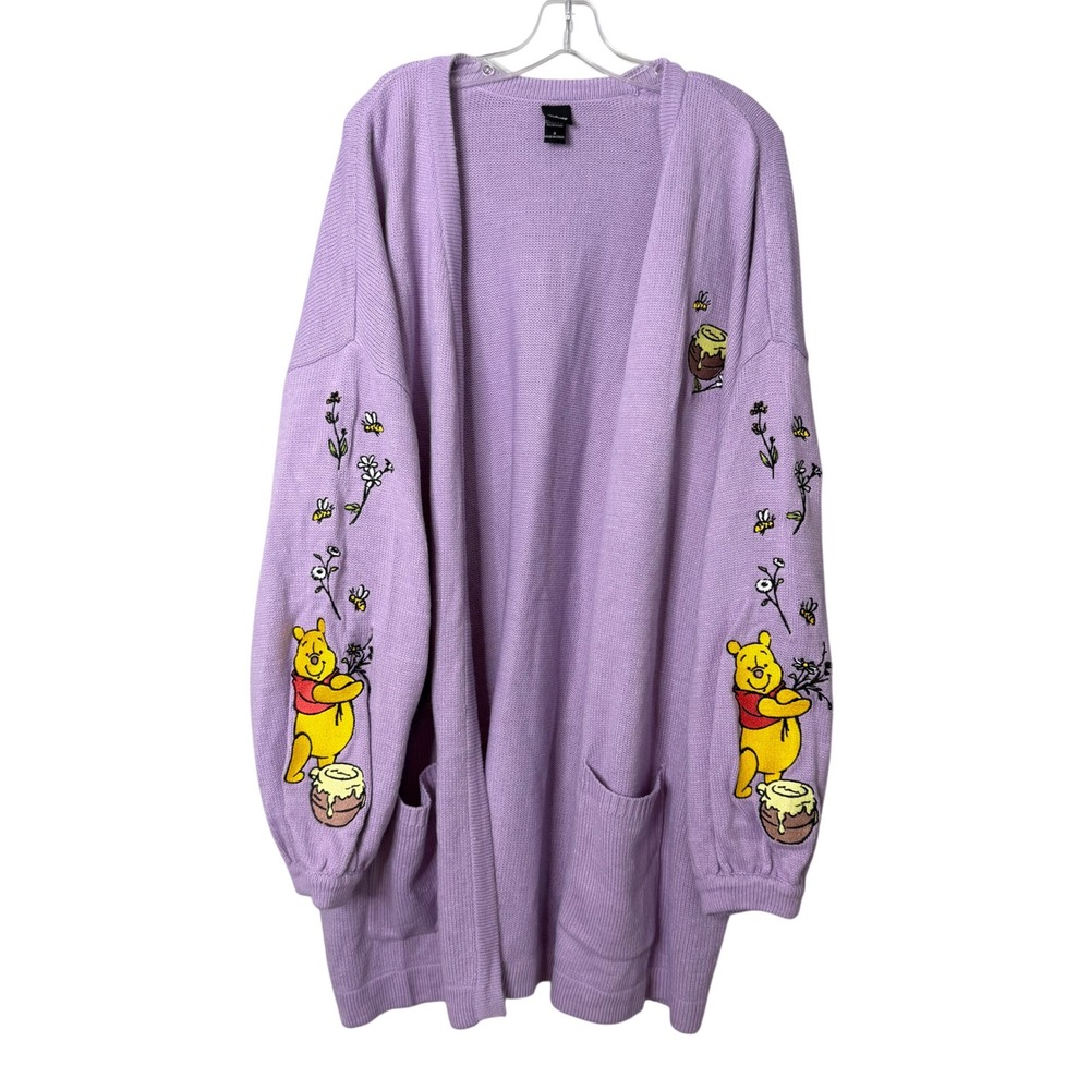 Disney Cardigan Women 3 Purple Winnie the Pooh Embroidered Longline Sweater